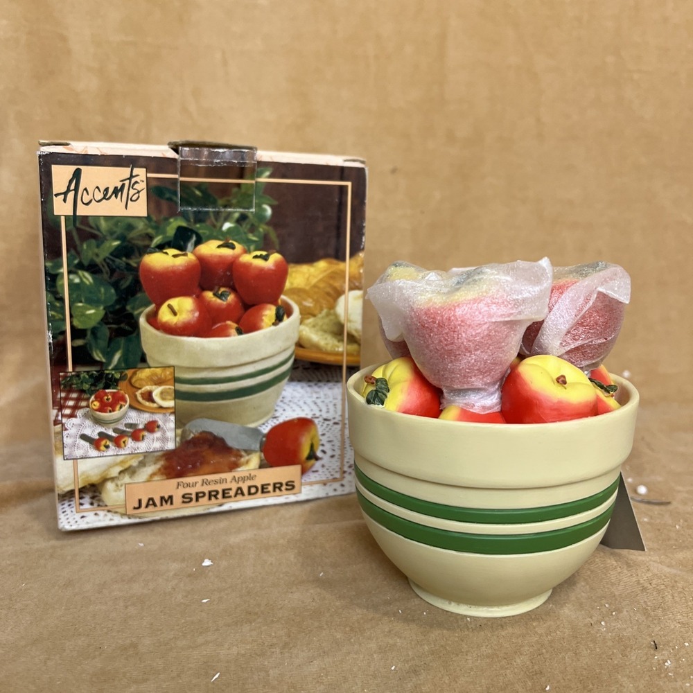 Vintage Four Resin Apple‎ Jam Spreaders In Apple Bowl MIB